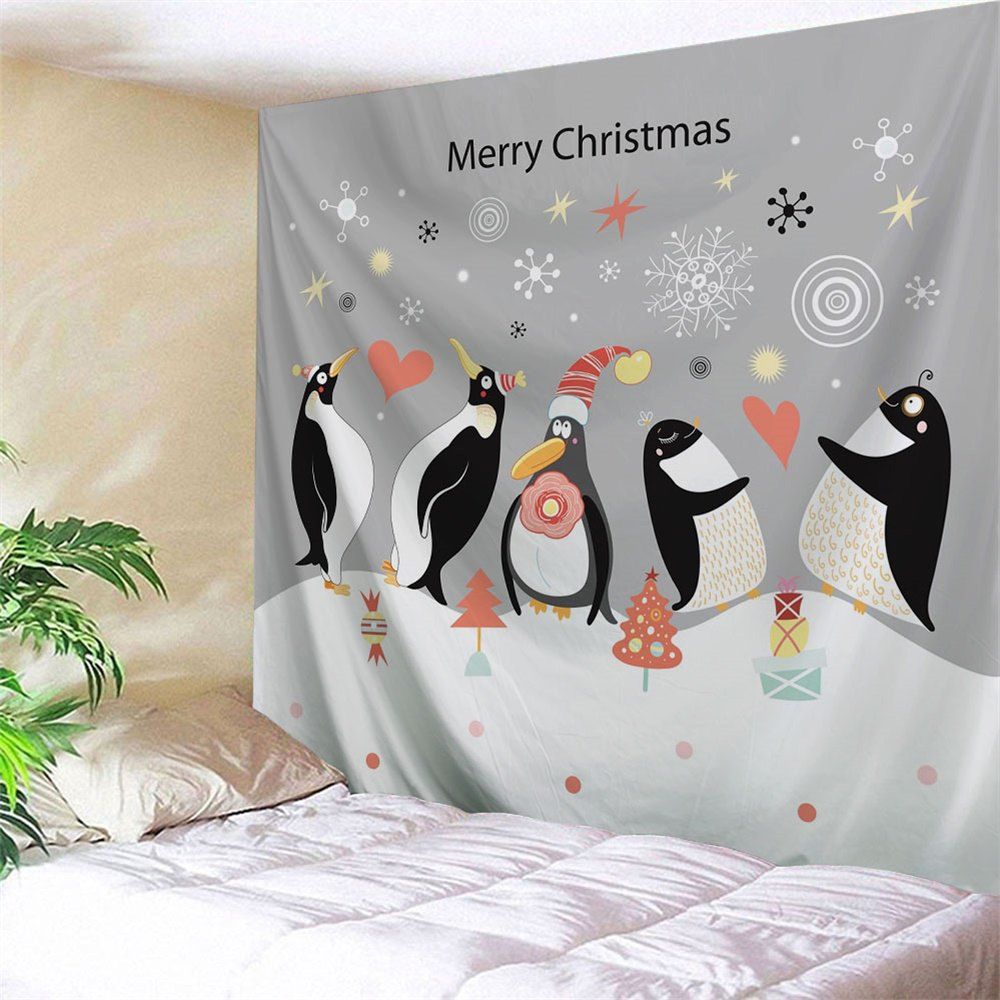 

Merry Christmas Wall Hanging Penguin Tapestry, Gray