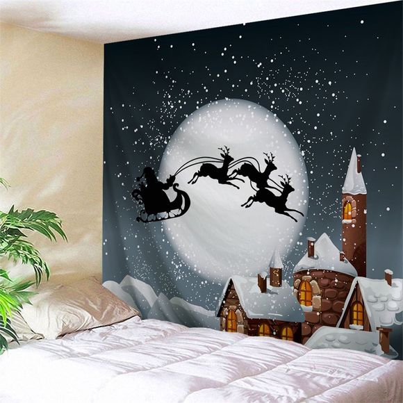 Tapisserie Art Mural Imprimé Lune Père Noël avec ses Rennes et Luge - Cendre W59 INCH * L51 INCH
