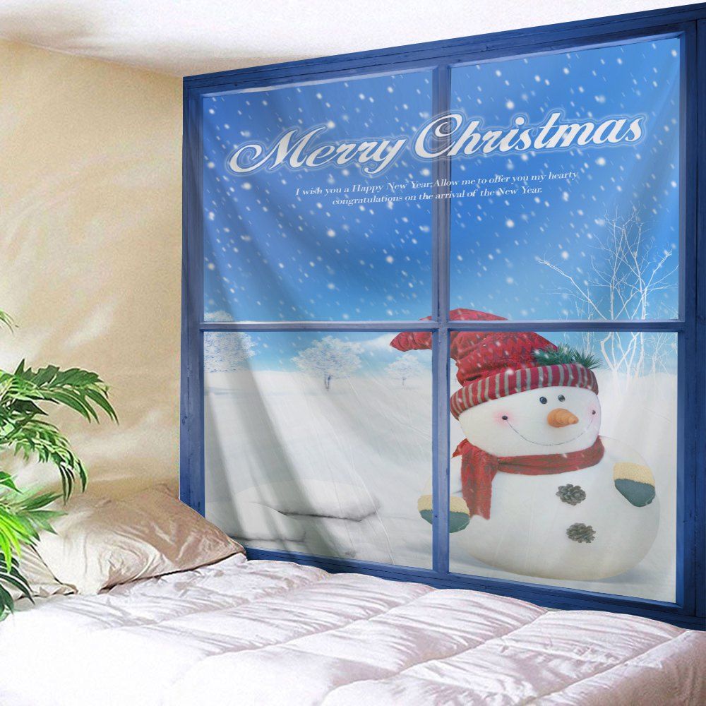 

Wall Art Christmas Window Snowman Tapestry, Blue and white