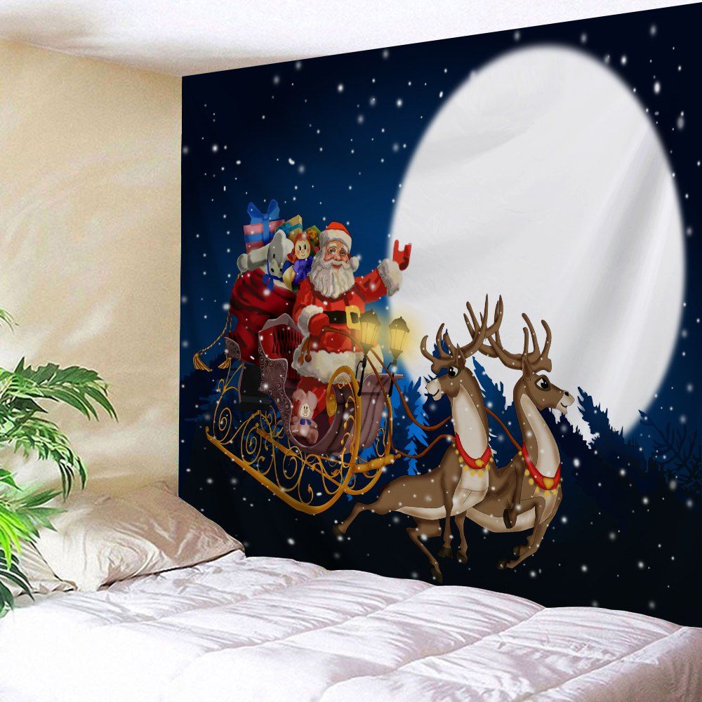 Christmas Moon Santa Sleigh Wall Decor Tapestry -  
