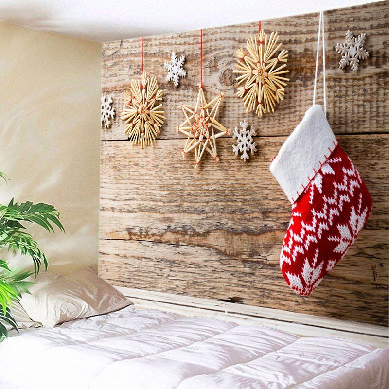 

Woodgrain Christmas Socks Print Tapestry Wall Hanging Art, Light brown