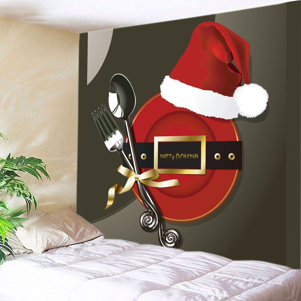 

Christmas Tableware Hat Print Tapestry Wall Hanging Art, Red
