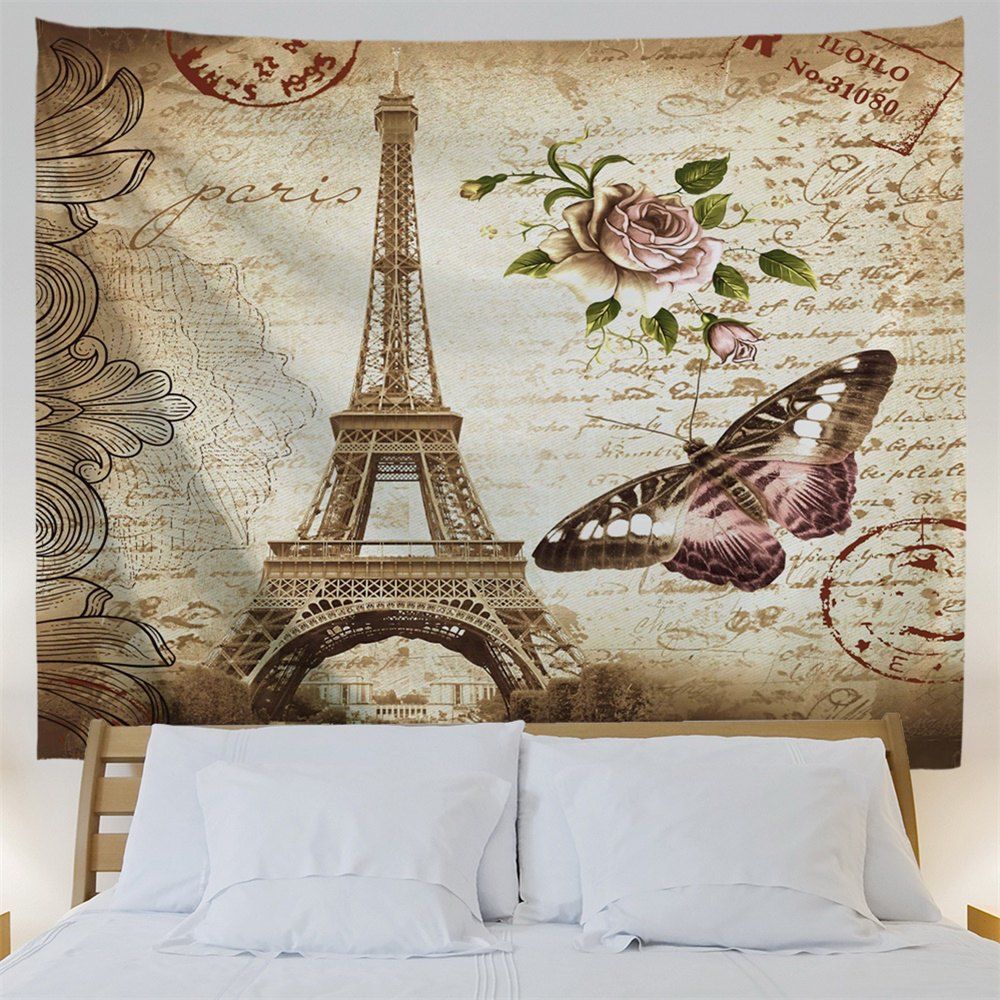 2018 Butterfly Eiffel Tower Vintage Wall Tapestry LIGHT BROWN W INCH L ...