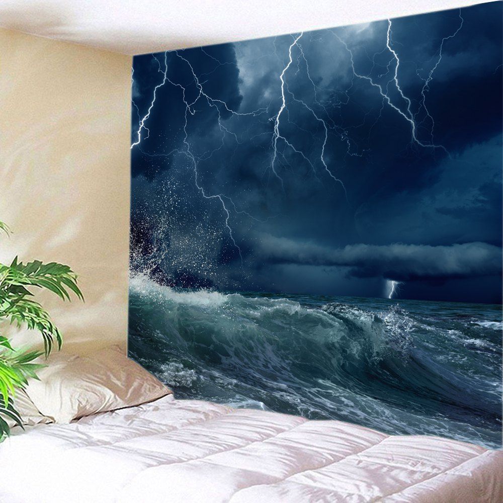 

Lightning Ocean Wave Print Tapestry Wall Hanging Art, Ocean blue