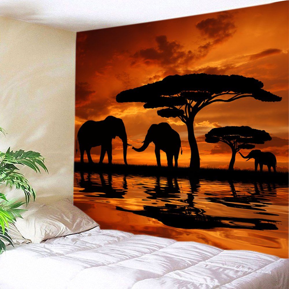 

Sunset Prairies Elephants Print Tapestry Wall Hanging Art, Orange