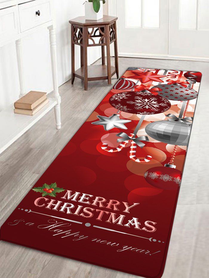 

Christmas Ornaments Ball Print Flannel Nonslip Bath Mat, Dark red