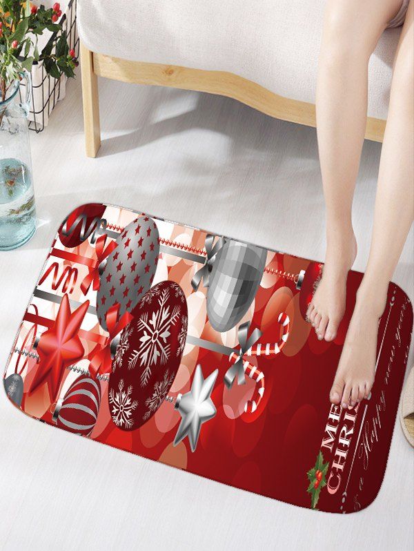 

Christmas Ornaments Ball Print Flannel Nonslip Bath Mat, Dark red