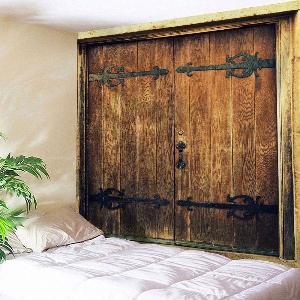 

Wall Hanging Nostalgic Wooden Door Pattern Tapestry, Brown