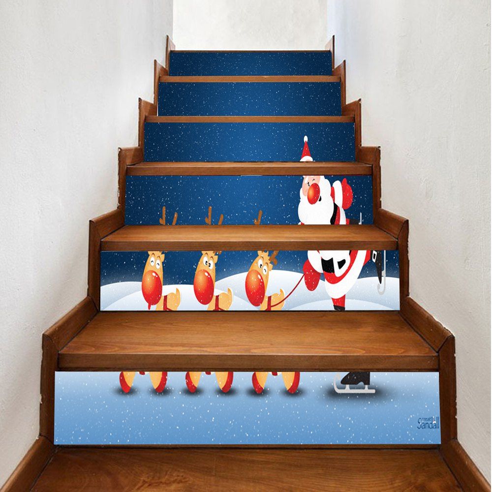 

Santa Claus Skiing with Reindeer Pattern Stair Stickers, Red