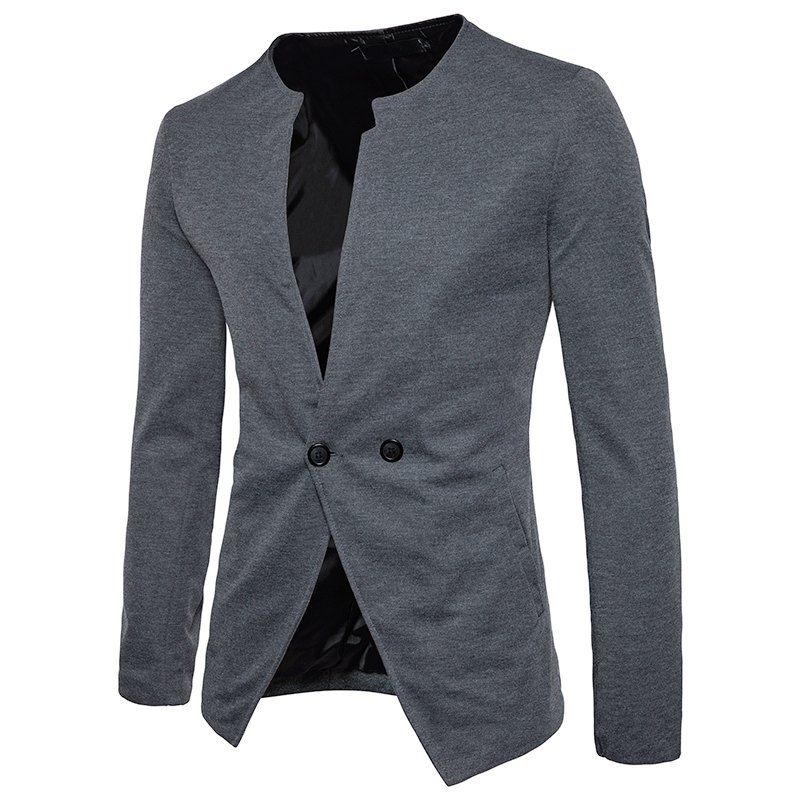 

Casual Double Button Collarless Blazer, Gray