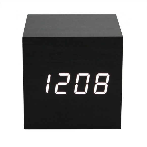 LED Display Voice-activated Thermometer Wooden Alarm Clock - BLACK 