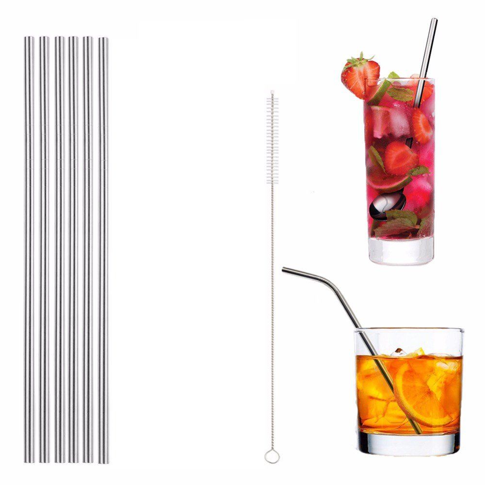 

304 Portable Stainless Steel Straight Straw 6pcs with Brush, Silver