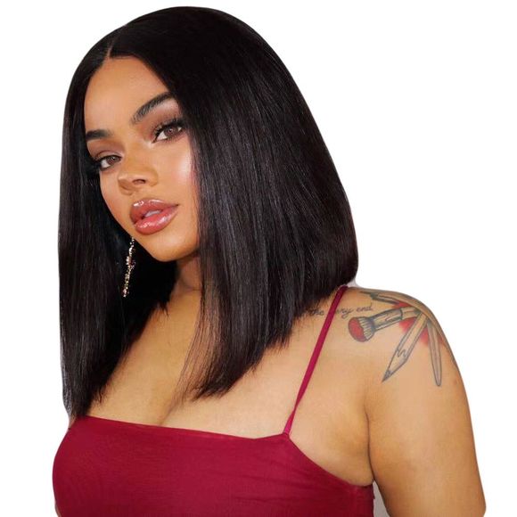Orgshine Bob Style Black Straight Lace Front Synthetic Wig 14inch Black Middle Part - Noir Naturel 14INCH