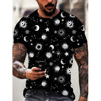 

Vintage Sum Moon Star Print Casual T Shirt Short Sleeve Round Neck Summer Tee, Multicolor