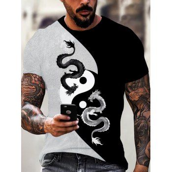 

Contrast Colorblock Casual T Shirt Tai Chi Gossip Dragon Print Short Sleeve Round Neck Summer Tee, Multicolor