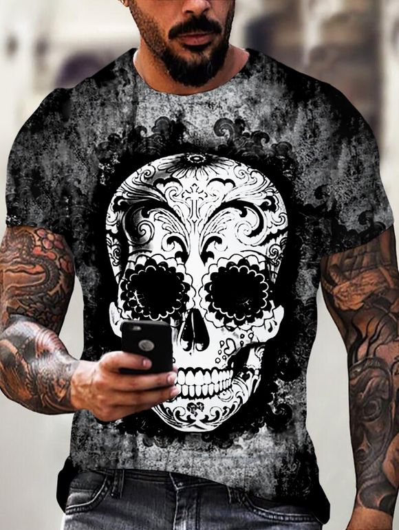 T-shirt D'Eté Décontracté Gothique à Imprimé Crâne Manches Courtes à Col Rond - multicolor 3XL