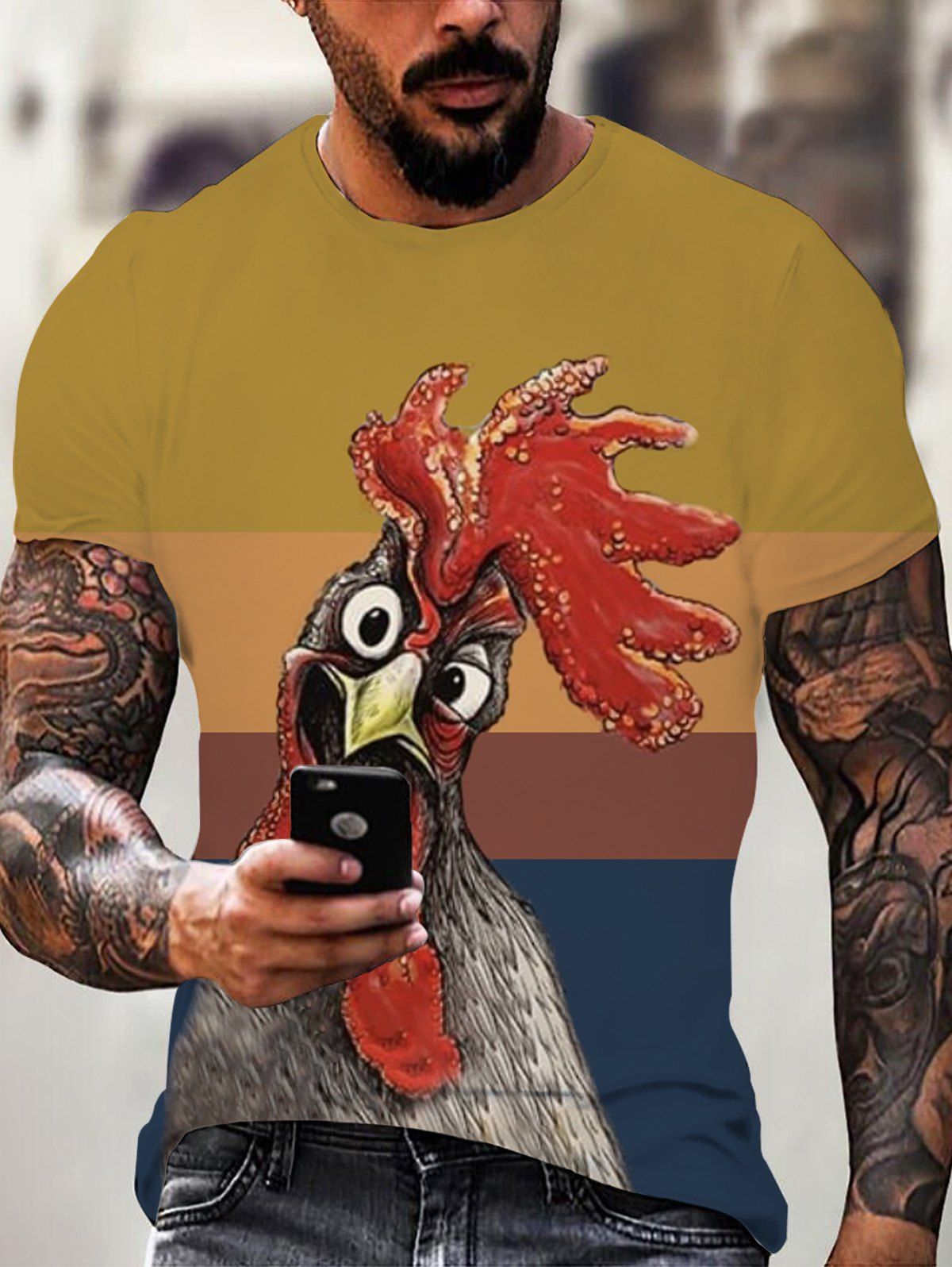 T-shirt Décontracté à Imprimé Coq Rayé 3D à Col Rond à Manches Courtes - multicolor 3XL