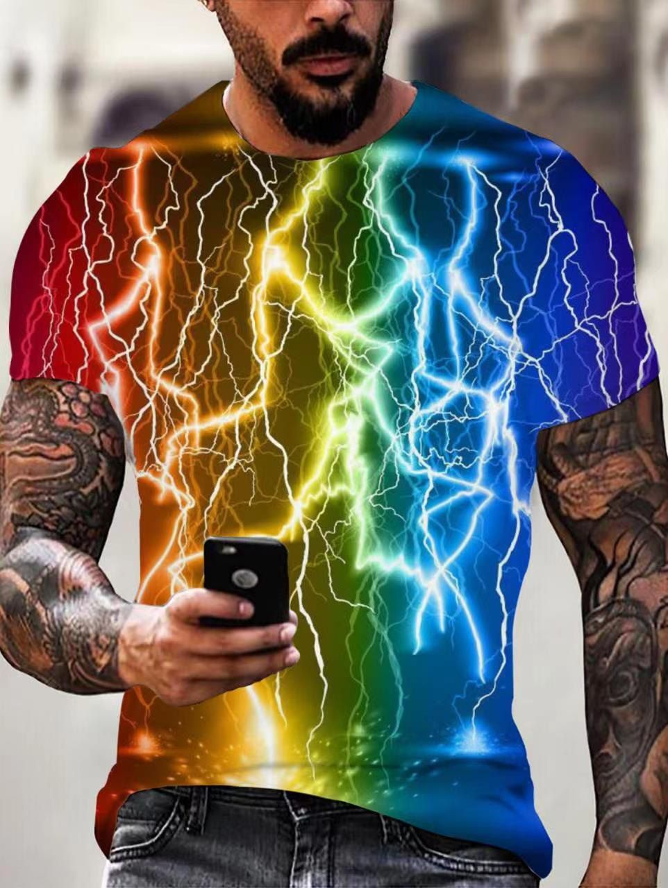 Colorful Lightning 3D Print Casual T Shirt Short Sleeve Round Neck Summer Tee - multicolor XL
