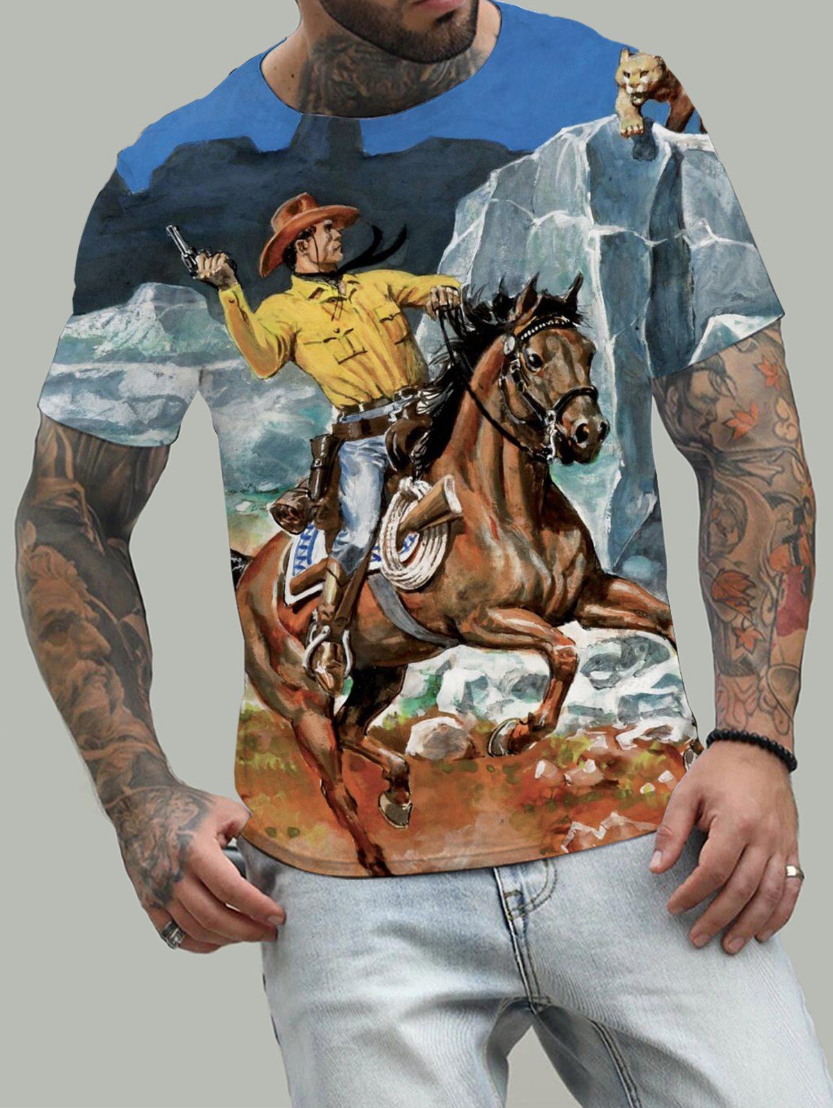 Casual T Shirt Horse Human Animal 3D Print Short Sleeve Round Neck Summer Tee - multicolor S