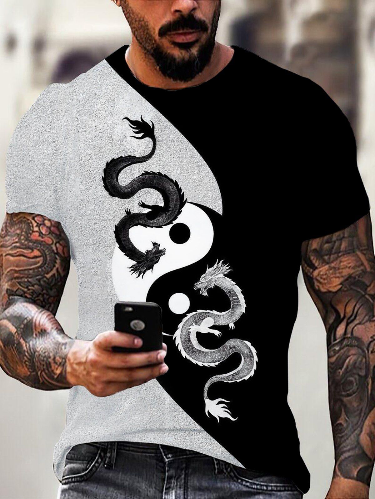 T-shirt D'Eté Décontracté à Imprimé Tai Chi Yin Dragon en Blocs de Couleurs à Col Rond - multicolor L