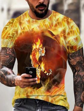 T-shirt D'Eté Décontracté à Imprimé 3D Tigre en Feu Manches Courtes à Col Rond