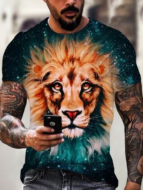 T-shirt D'Eté Décontracté à Imprimé 3D Lion Galaxie Manches Courtes à Col Rond