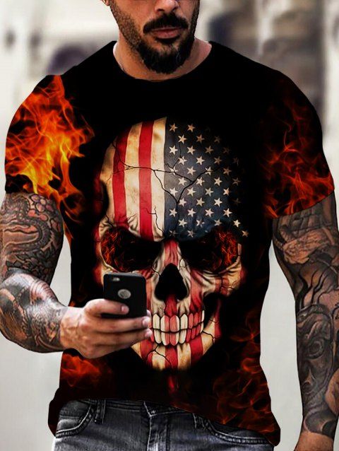 T-shirt D'Eté Gothique Drapeau Américain Crâne en Feu Manches Courtes à Col Rond