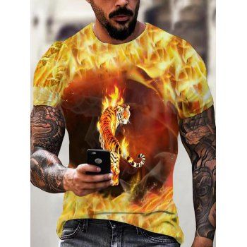 

Fire Flame Tiger 3D Print T Shirt Short Sleeve Summer T-shirt Round Neck Casual Tee, Multicolor