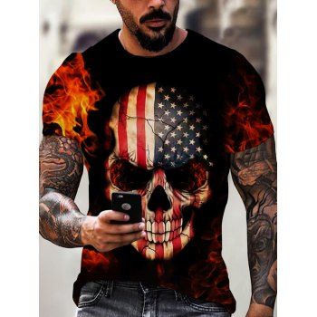 Men T-Shirts Gothic T Shirt American Flag Skull Fire Flame Print Summer T-shirt Short Sleeve Round Neck Tee Clothing Online M Multicolor