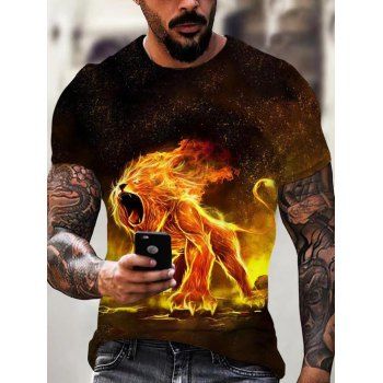 

Fire Lion 3D Print T Shirt Short Sleeve Casual T-shirt Round Neck Summer T Shirt, Multicolor