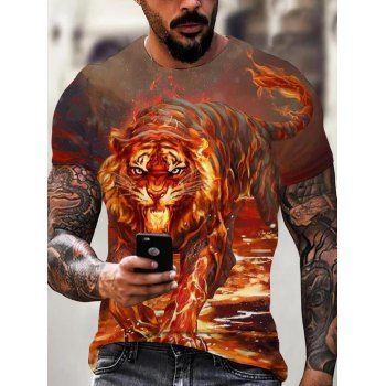 

Flame Tiger 3D Print T Shirt Short Sleeve Summer Tee Round Neck Casual T-shirt, Multicolor