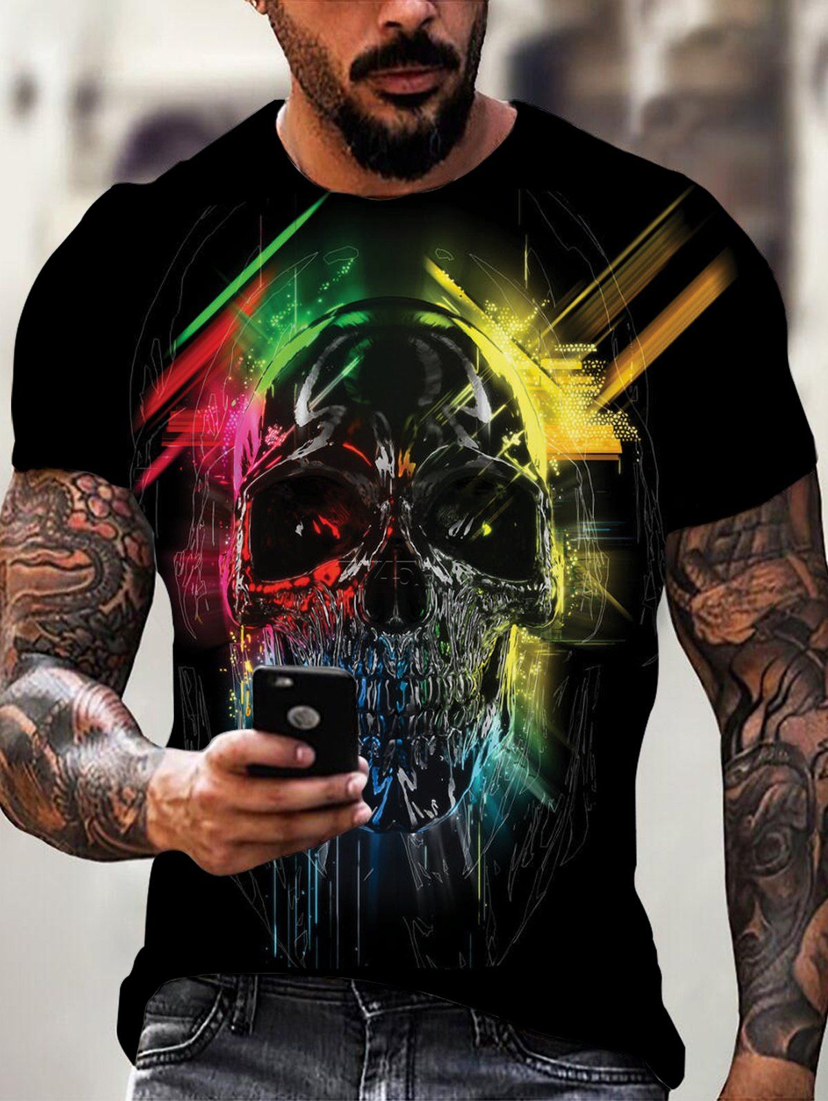 T-shirt D'Eté Gothique Coloré à Imprimé Crâne Manches Courtes à Col Rond - multicolor 3XL