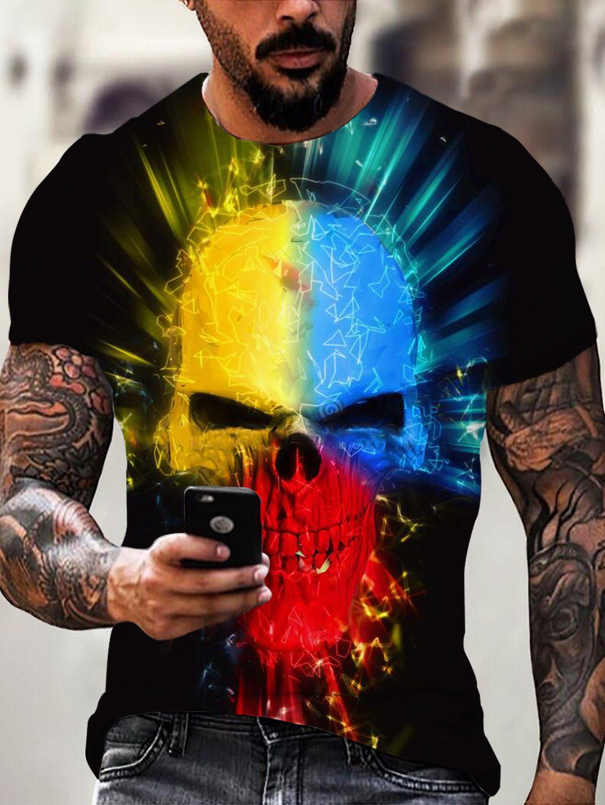 T-shirt D'Eté Gothique à Imprimé 3D Crâne Coloré Manches Courtes à Col Rond - multicolor 3XL