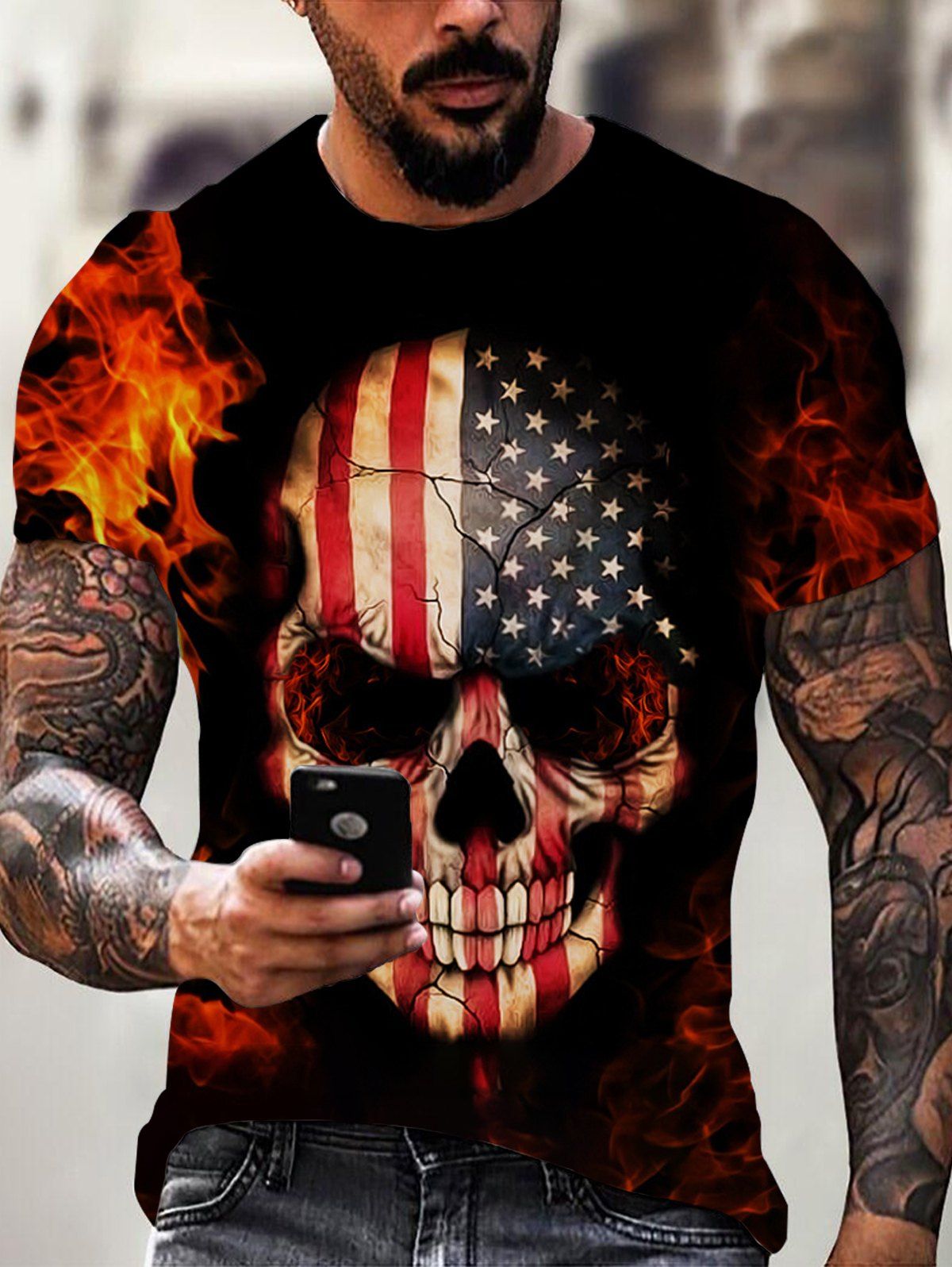 T-shirt D'Eté Gothique Drapeau Américain Crâne en Feu Manches Courtes à Col Rond - multicolor M