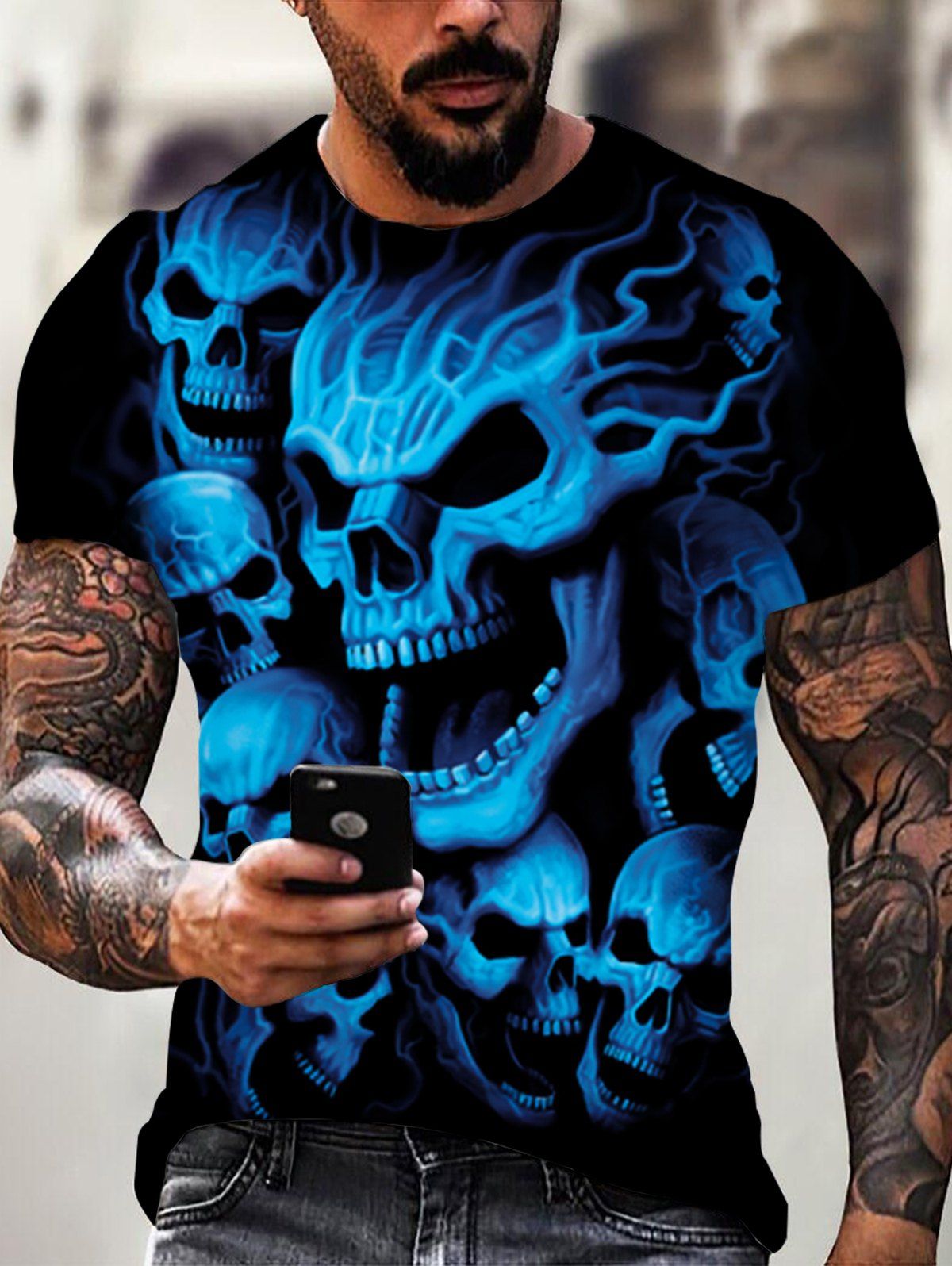T-shirt Décontracté Gothique à Imprimé 3D Crâne en Feu à Manches Courtes à Col Rond - multicolor L