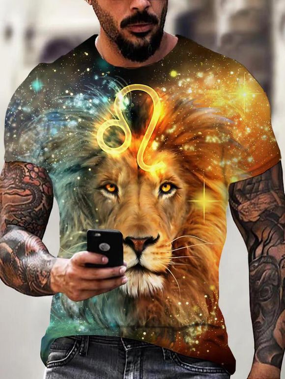 T-shirt D'Eté Décontracté à Imprimé 3D Lion Galaxie à Manches Courtes à Col Rond - multicolor 3XL