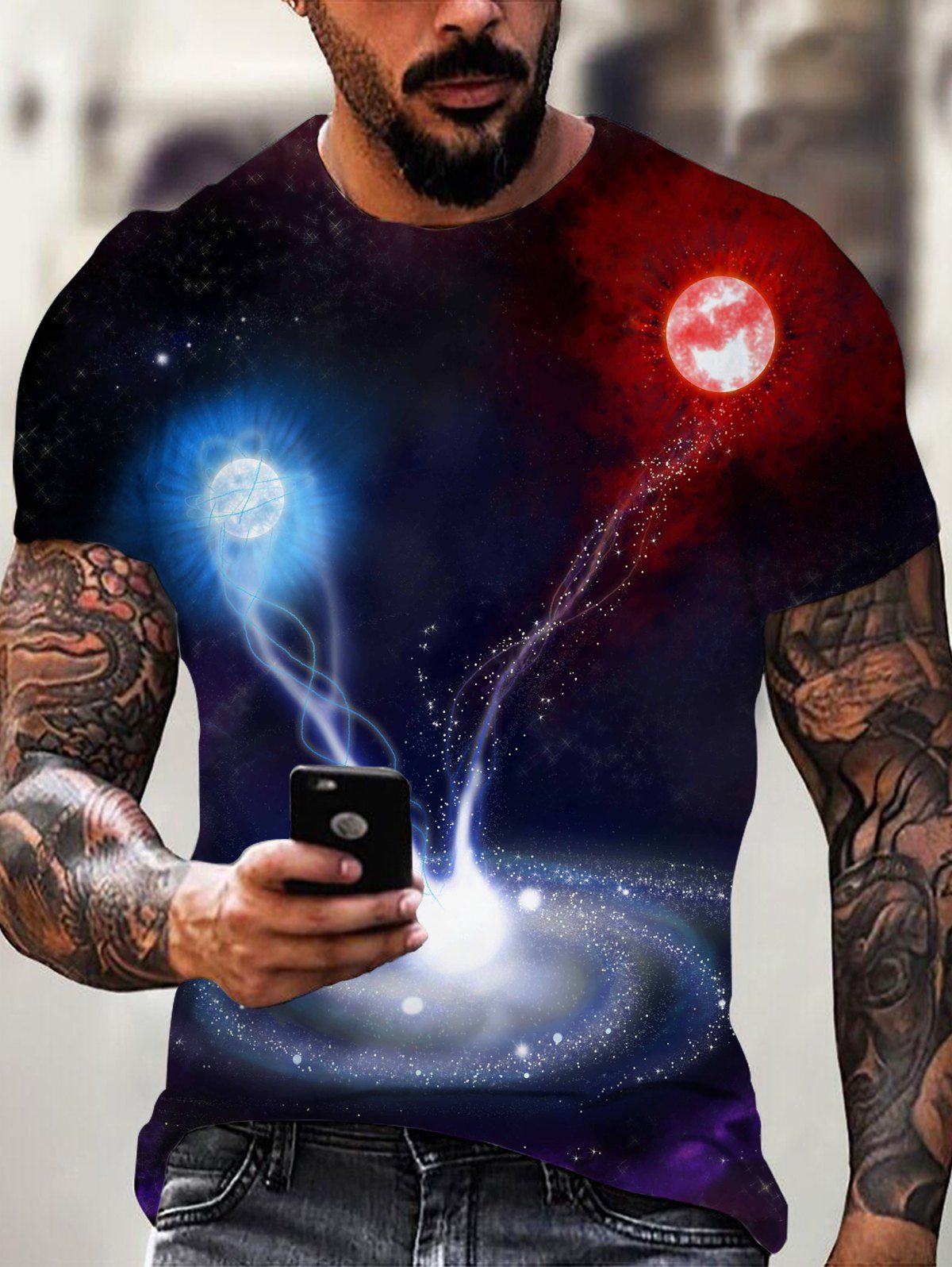 T-shirt D'Eté Décontracté à Imprimé 3D Galaxie Lune Manches Courtes à Col Rond - multicolor L