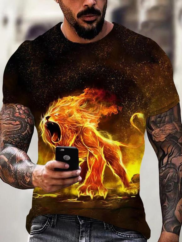 T-shirt D'Eté Décontracté à Imprimé 3D Lion en Feu à Manches Courtes à Col Rond - multicolor 3XL