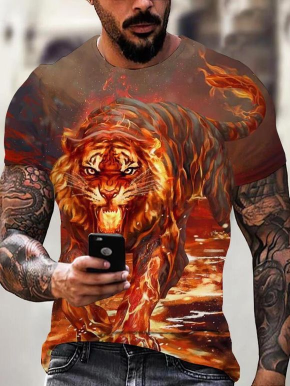 T-shirt D'Eté Décontracté à Imprimé 3D Tigre en Feu à Manches Courtes à Col Rond - multicolor 2XL
