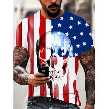 

American Flag Skull Print T Shirt Gothic Patriotic Short Sleeve T-shirt Short Sleeve Round Neck Tee, Multicolor