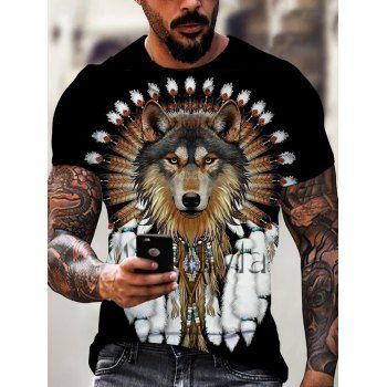 

Summer Ethnic Tee Indian Wolf Print Short Sleeve T-shirt Round Neck Casual T Shirt, Multicolor