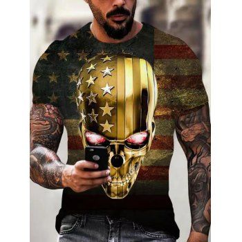 

Summer Patriotic T Shirt Golden Skull American Flag Print Round Neck Short Sleeve Tee, Multicolor