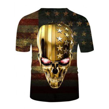 Summer Patriotic T Shirt Golden Skull American Flag Print Round Neck Short Sleeve Tee