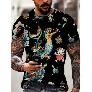 

Sailor Style T Shirt Mermaid Skull Heart Flower Print T-shirt Short Sleeve Round Neck Summer Tee, Multicolor