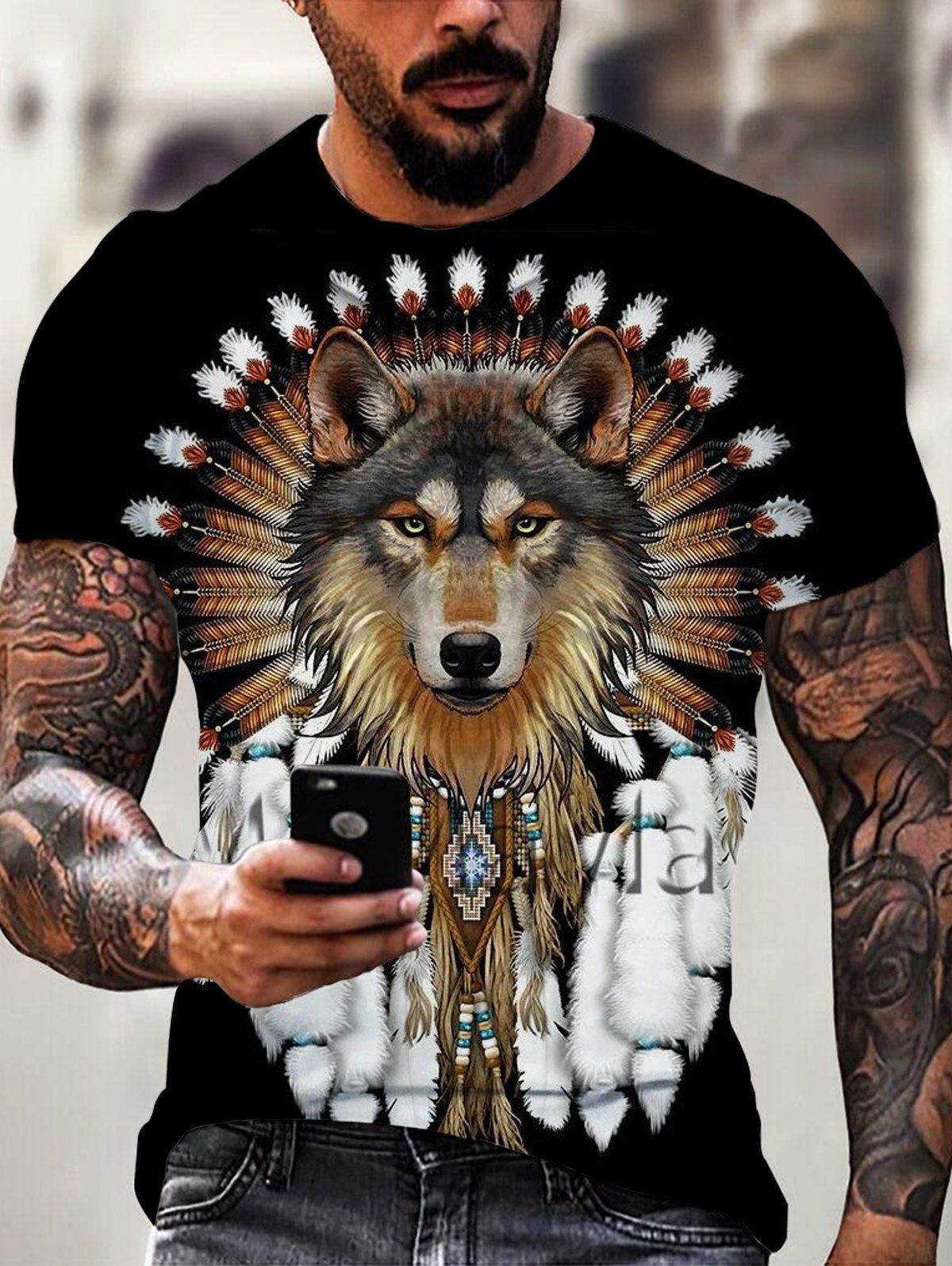 T-Shirt D'Eté Décontracté à Imprimé Ethnique Loup Indien à Manches Courtes à Col Rond - multicolor 3XL