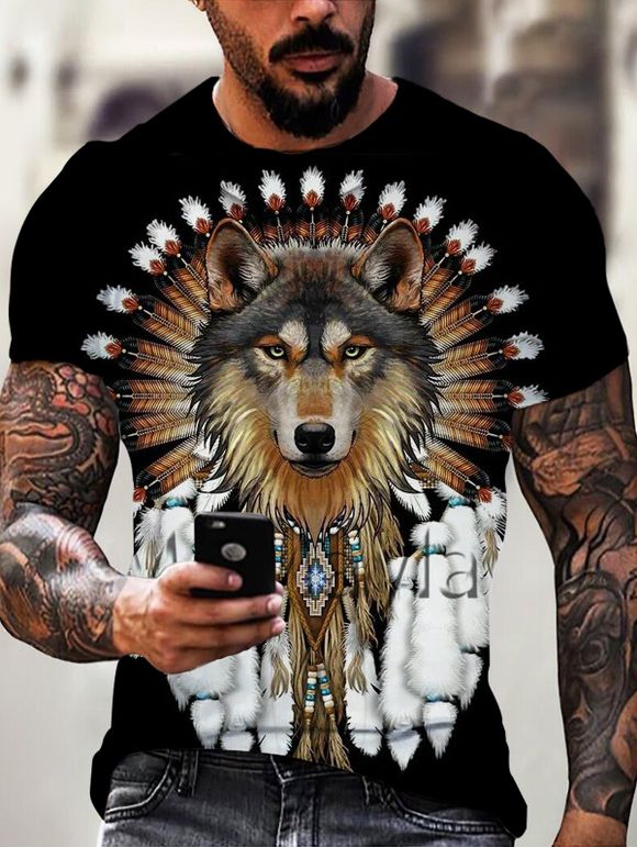 T-Shirt D'Eté Décontracté à Imprimé Ethnique Loup Indien à Manches Courtes à Col Rond - multicolor 2XL