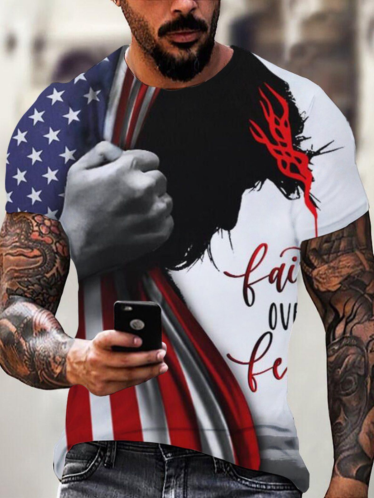 T-shirt d'été à Imprimé Drapeau Américain Patriotique Manches Courtes à Col Rond - multicolor L