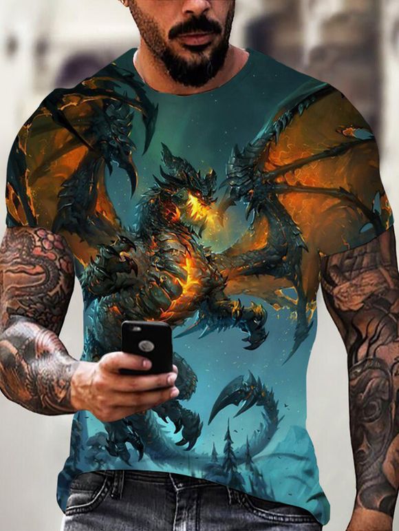 T-shirt Décontracté à Imprimé Dragon en Feu Galaxie Manches Courtes à Col Rond - multicolor M