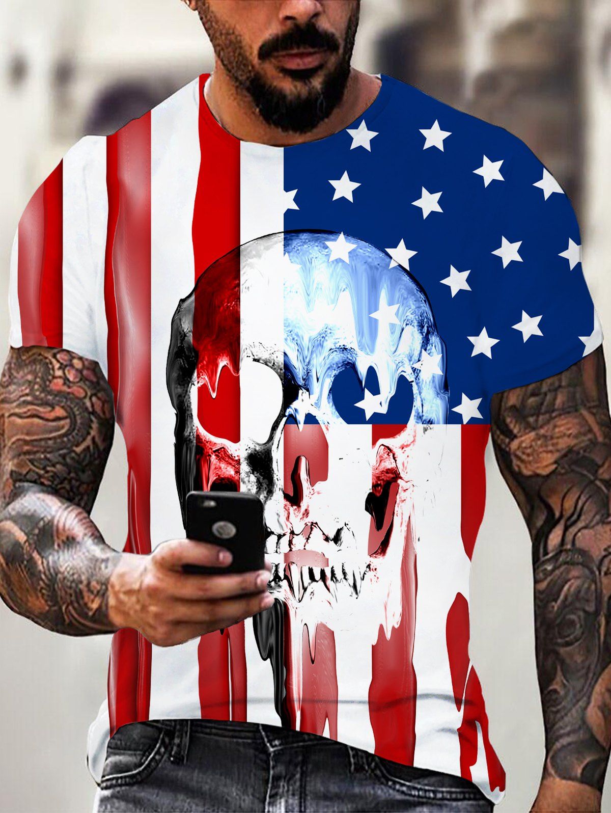 T-shirt Gothique à Imprimé Drapeau Américain Crâne Manches Courtes à Col Rond - multicolor XL