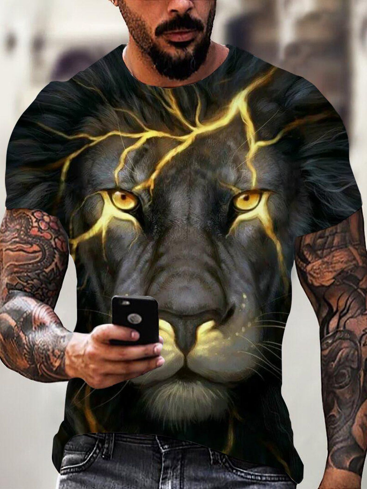T-shirt D'Eté Décontracté à Imprimé 3D Lion Foudre à Manches Courtes - multicolor M